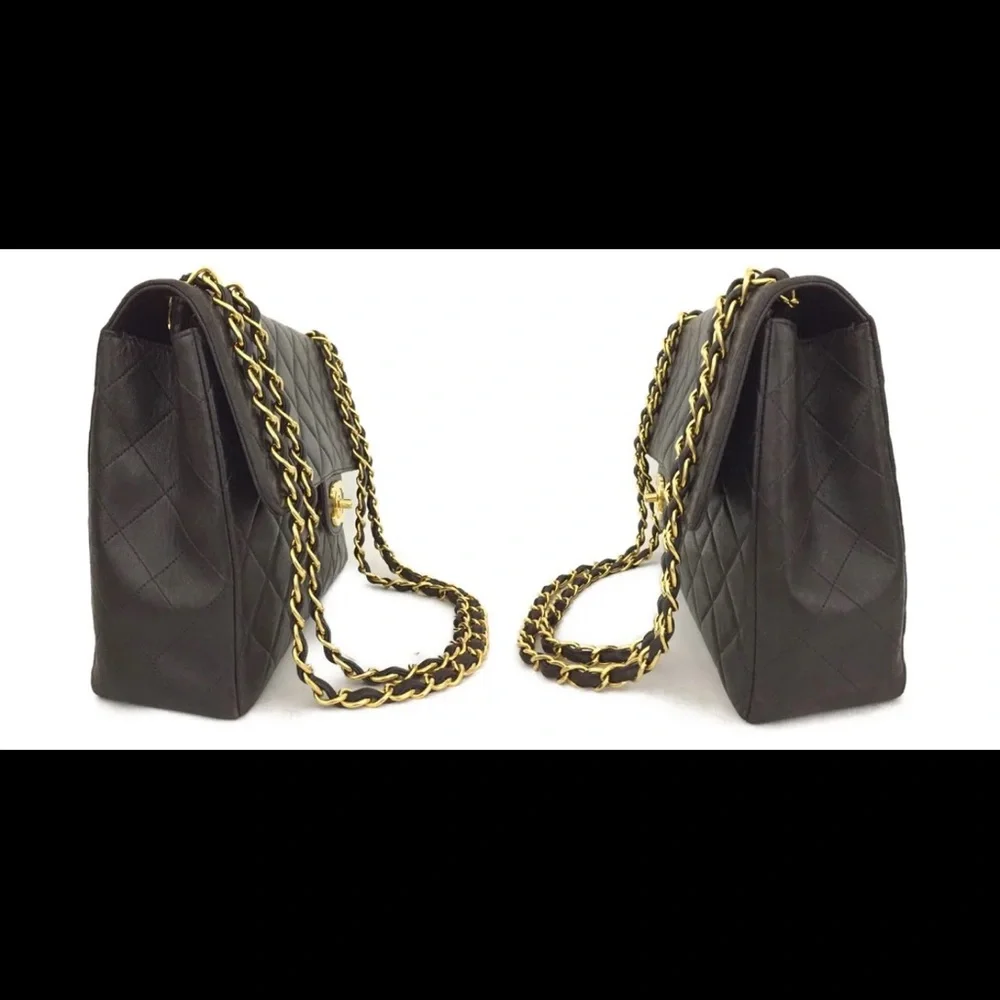 CHANEL Classic Black Leather Jumbo 30 / 24k Gold Chain Flap Bag +Card/Duster + - Picture 12 of 12